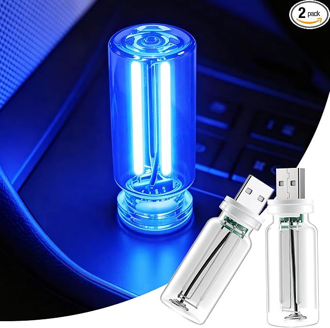 iFunyLED Car Interior USB LED Night Light, Portable Touch dimmable Car Ambient Lighting Kit, Retro Mini Transparent Glass Bottle Lamp Decorations for Vehicle Camping Bedroom Hallway, Pack of 2(Blue)