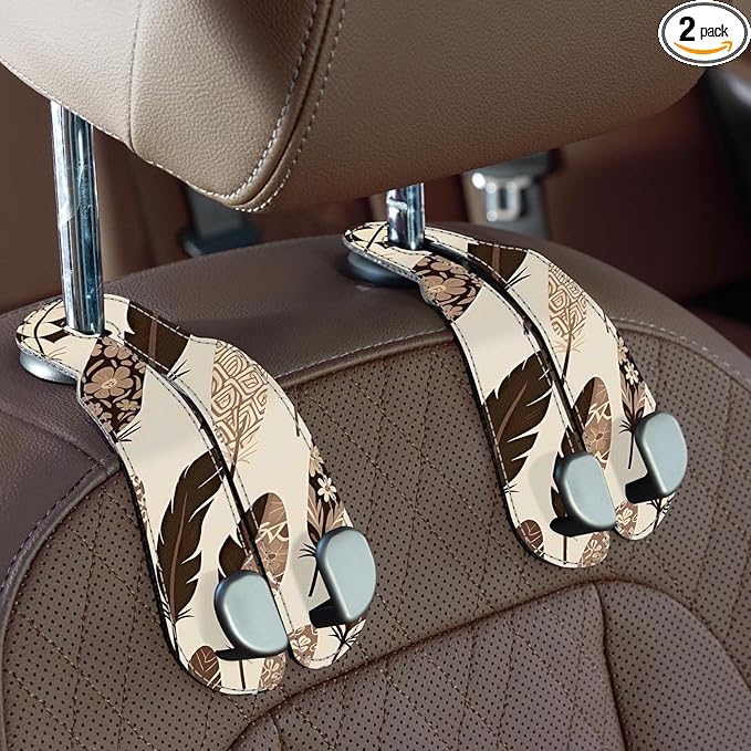 CoBak Purse Hook for Car - Universal Premium Stitched Leather and Aluminum-Magnesium Alloy Double Car Seat Back Storage Hook for Purses, Handbags, Bags (2 Pack),Brown