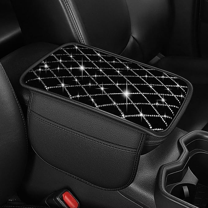 Bling Center Console Cover with 2 Side Pockets Fit for Corolla Cross Multi-Functional Car Armrest Cushion Diamond-Studded Rhombus Pattern Style(Black&Silver Diamond)