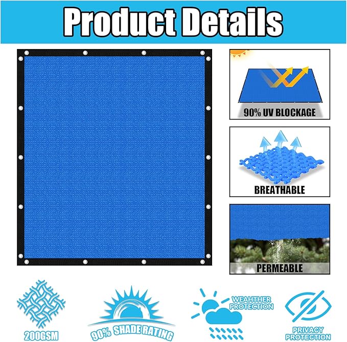 Amagenix 90% Pergola Shade Cover 9' X 18' Sun Shade Cloth with Grommets for Outdoor Garden Patio Porch, Commercial Grade 200 GSM - Cable Zip Ties Included (We Customized) GN108, Blue
