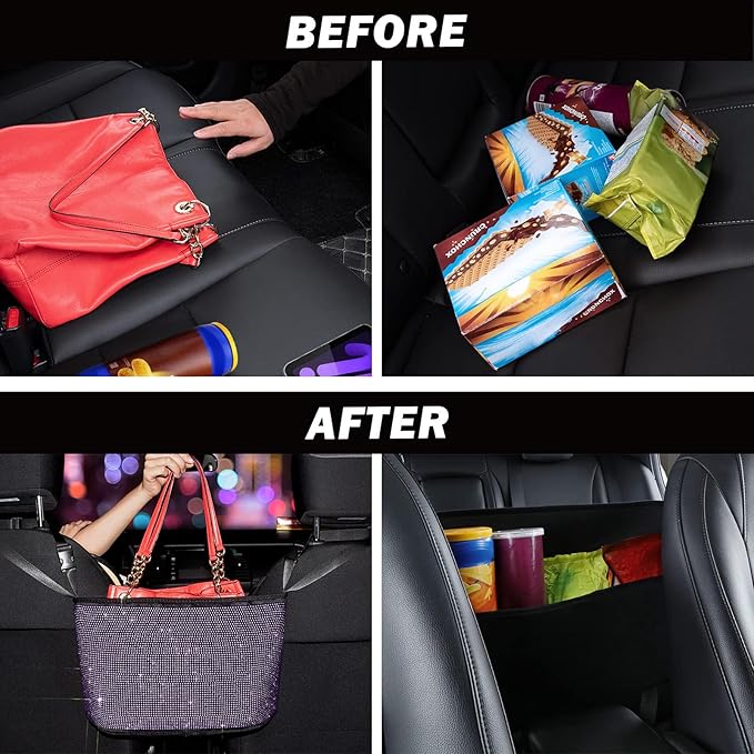 eing Crystal Car Organizers and Storage Purse Holder, Car Seat Back Net Handbag Accessories with Bling Diamonds for Women, Car Pet Barrier for Dogs and Kids, Purple