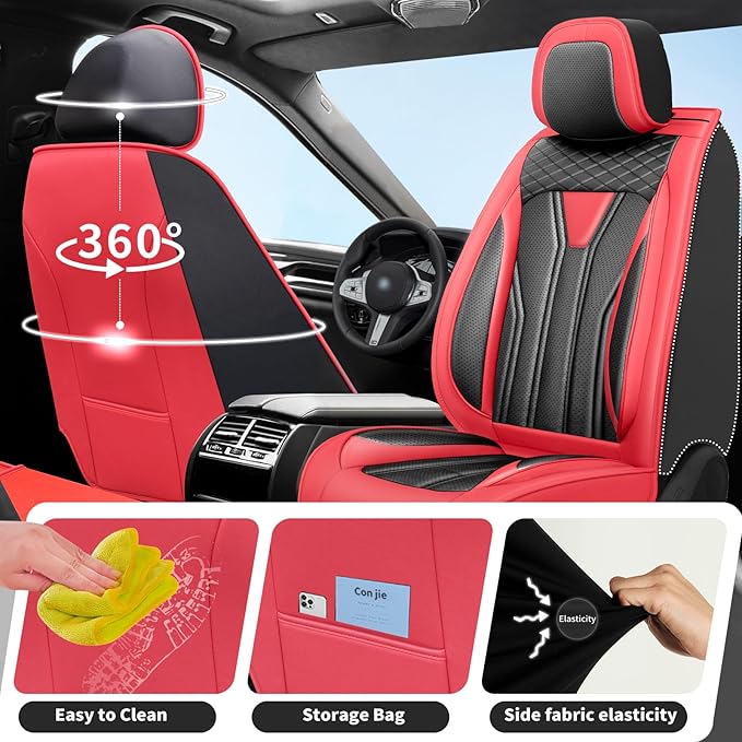Fit Juke Car Seat Covers Compatible with Nissan Juke 2012-2015 2016 - Full Set Premium Leather， Waterproof Breathable， All-Weather Seat Cushion Protecto&Airbag Compatible （Red & Black