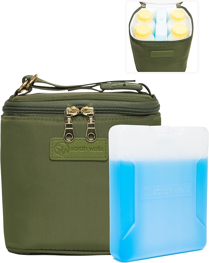 Sarah Wells Cold Gold Breastmilk Cooler Bag with Safety Tested Ice Pack – Insulated Milk Storage for Work, Travel & Daycare – Fits Bottles & Pump Parts – Durable, Washable (Olive)