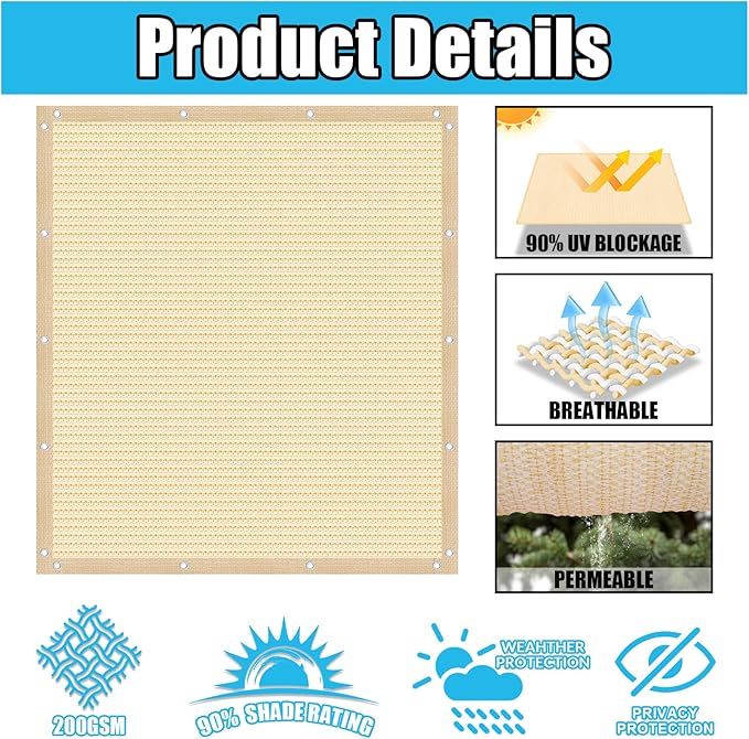 Amagenix 90% Pergola Shade Cover 4' X 6' Sun Shade Cloth with Grommets for Outdoor Garden Patio Porch, Commercial Grade 200 GSM - Cable Zip Ties Included (We Customized) GN108, Wheat