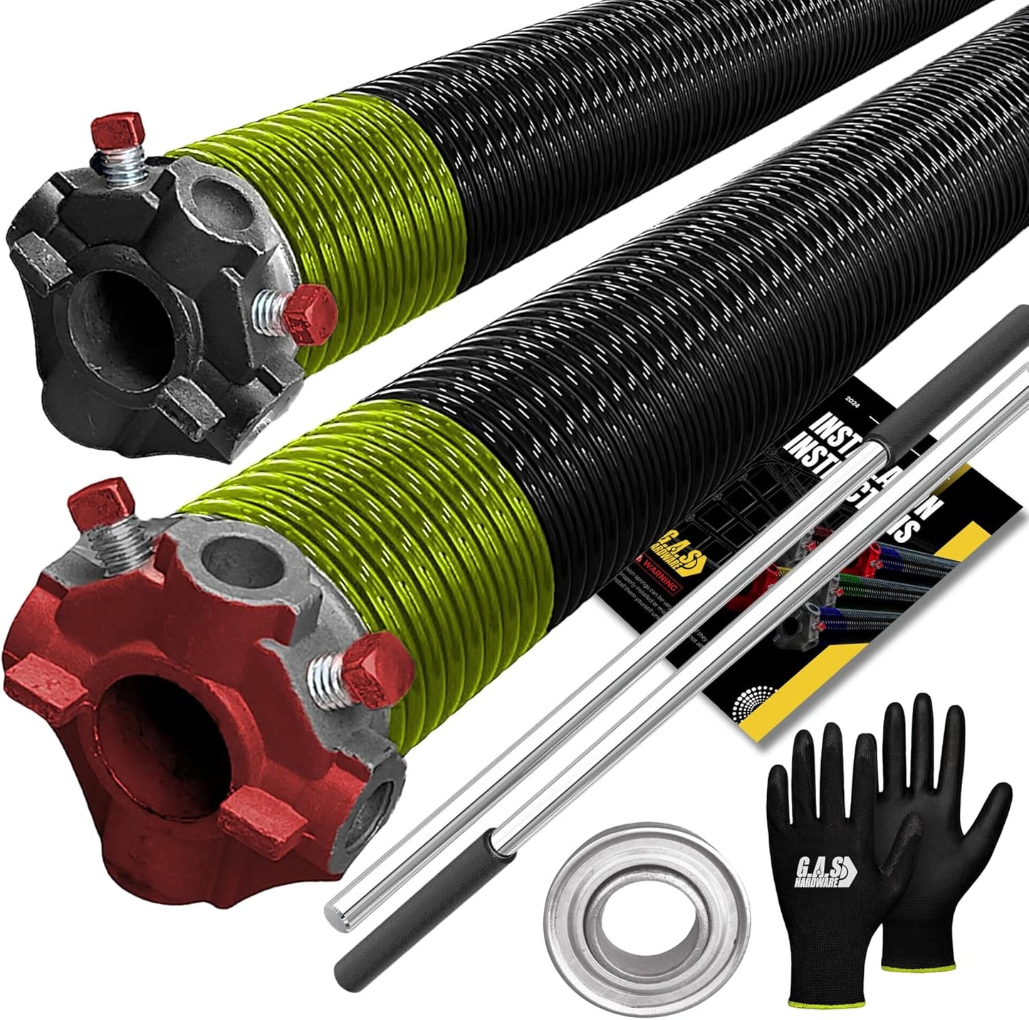 Garage Door Torsion Springs 207x2x24, Includes 1” Steel Bearing, Gloves, and Winding Bars for The Left and Right Side of Garage Door Precision E-Coating 5-Year Warranty Minimum 30,000 Cycles (Pair)