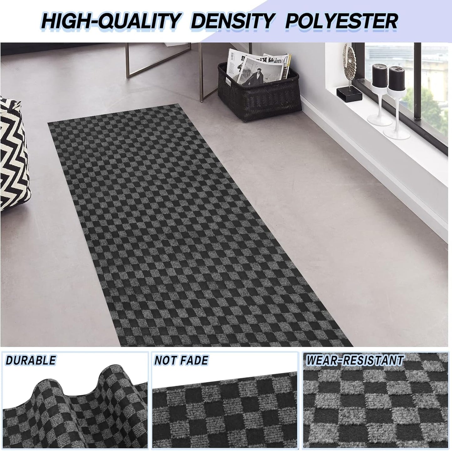 Custom Size Backed Non-Slip Area Rugs Runner, Easy Clean, Waterproof Runner Rugs for Hallway Entryway, Kitchen, Laundry, 3FT x 34FT, Gray Checkered