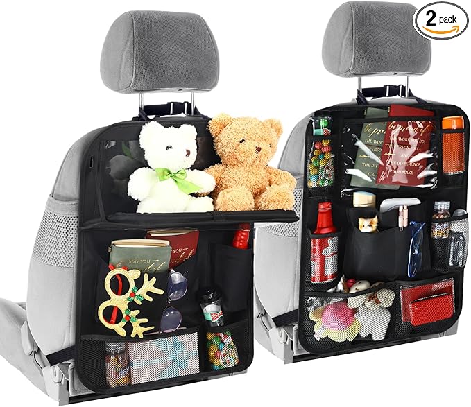 2 Pcs Backseat Car Organizers with Table Tray, 6 Storage Pockets Car Organizer with Tablet Holder, Kick Mats Protectors for Kids Travel Accessories Black, Unisex(Stylish,Black)