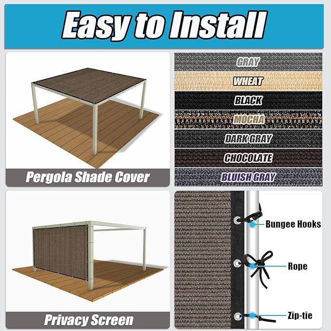Amagenix 90% Sun Shade Cloth with Grommets, 10' x 10' Pergola Replacement Shade Cover Canopy Privacy Screen for Outdoor Patio Garden, Mocha (We Customized)