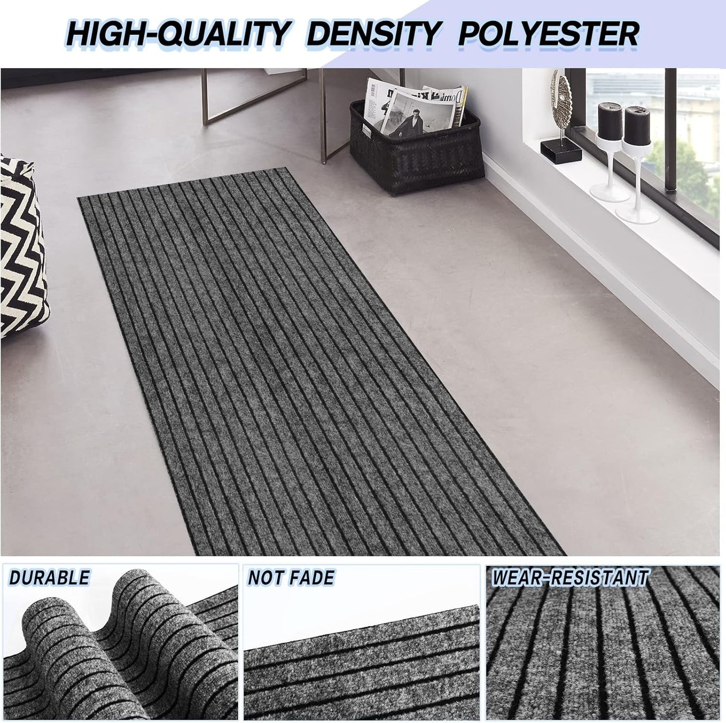 Custom Size Backed Non-Slip Area Rugs Runner, Easy Clean, Waterproof Runner Rugs for Hallway Entryway, Kitchen, Laundry, 2FT x 53FT, Gray Stripe