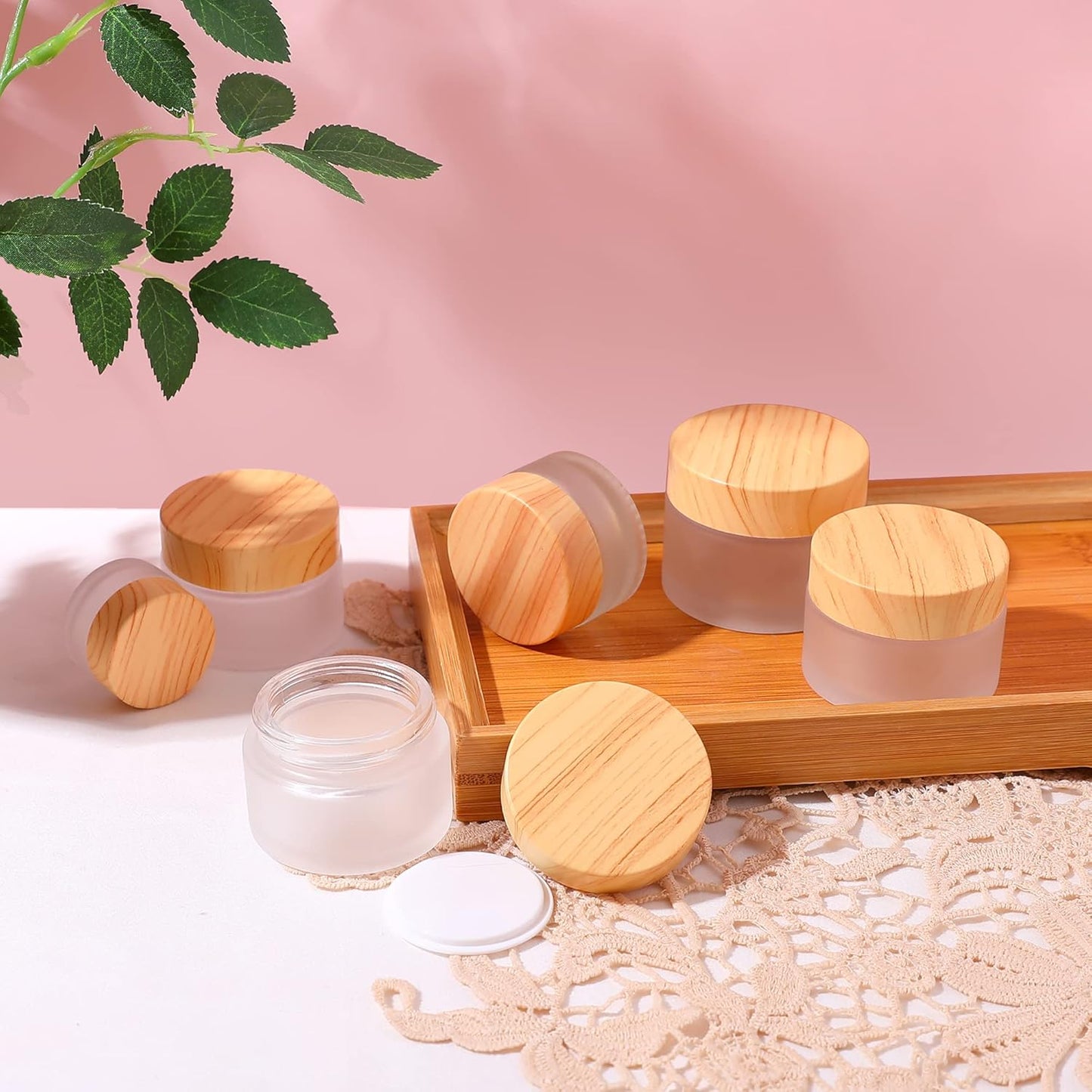 50 Gram/ml Glass Cosmetic Containers with lids，Round Frosted Cosmetic Jars with Leakproof lids,Small Empty Glass Sample Jars for Makeup Lip Scrub Balm Lotions Sample Eye Creams DIY (4 PACK 50ML)