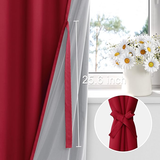 XWZO Thermal Insulated 100% Blackout Curtains with Tiebacks, Noise Reducing Drapes with Black Lining, Full Light Blocking Drapery Panels with Grommets for Bedroom, Christmas Red, W60 x L63, Set of 2