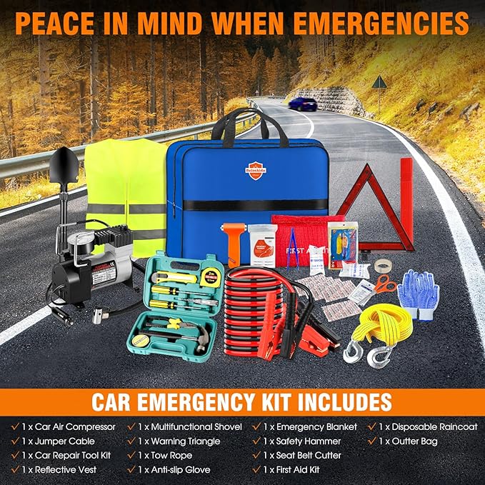 Emergency Car Kit,Roadside Emergency Tool Kit for Vehicle Truck with Air Compressor Jumper Cable First Aid Kit,Winter Auto Road Side Kit Women Men Car Travel Safety Assistance Survival Essentials Kit