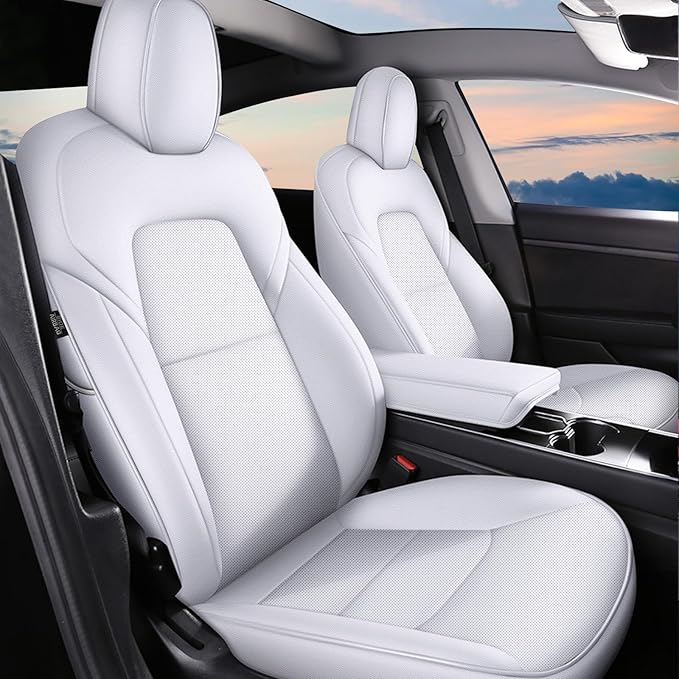 AOMSAZTO Car Seat Cover for Tesla Model 3 2017 2018 2019 2020 2021 2022 2023 - Full Set Customized White Seat Covers (with Armrest Cover)