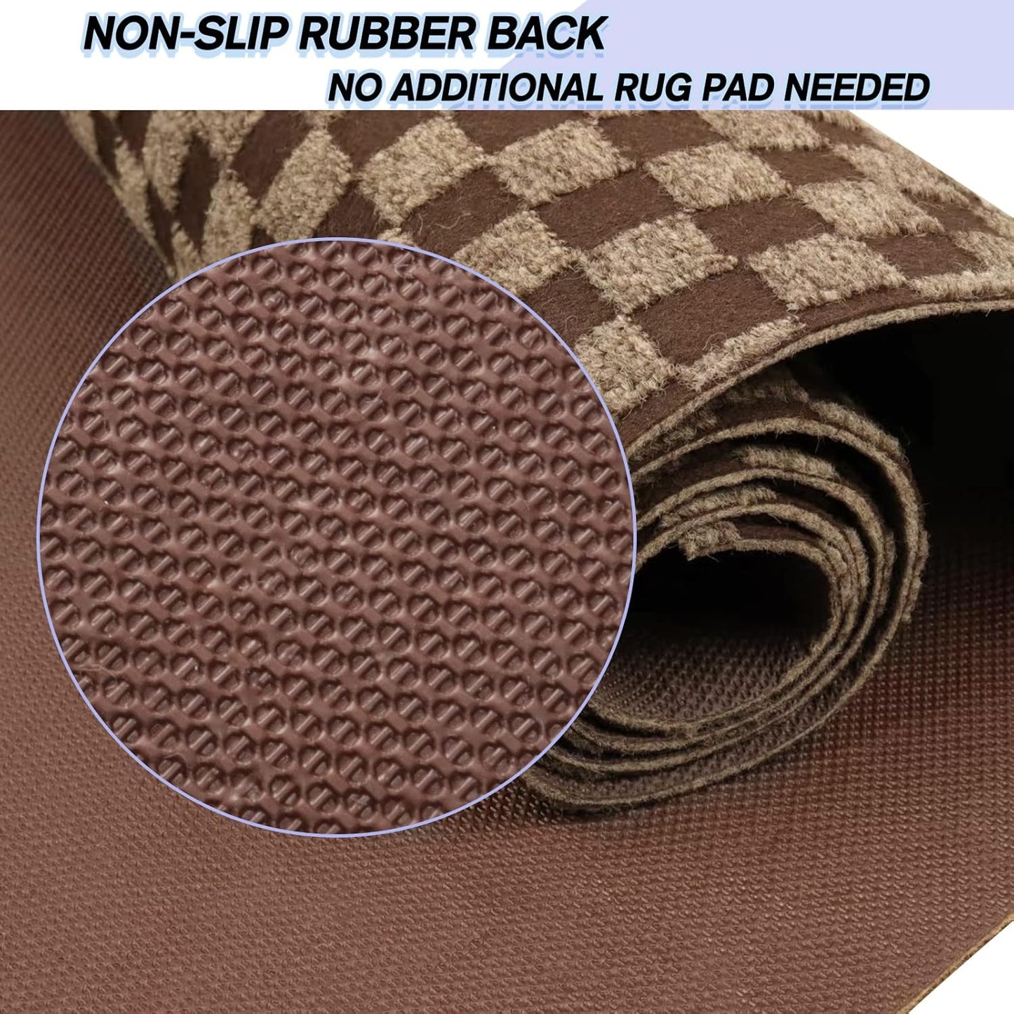 Custom Size Backed Non-Slip Area Rugs Runner, Easy Clean, Waterproof Runner Rugs for Hallway Entryway, Kitchen, Laundry, 4FT x 79FT, Brown Checkered