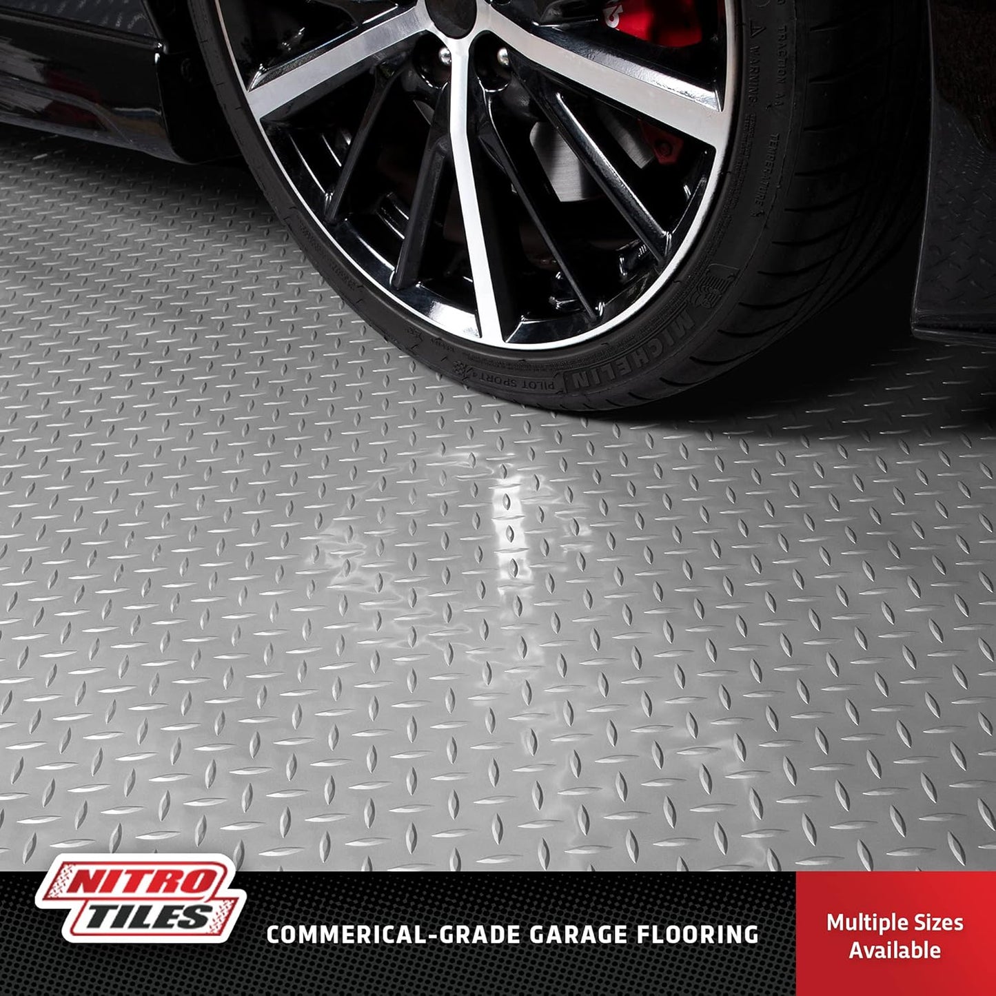IncStores 2.5mm Thick Commercial-Grade Nitro Roll Garage Floor Mat | Flexible Vinyl Floor Mat for a Stronger and Safer Garage, Workshop, or Trailer | Diamond-Plate, Stainless Steel, 8' x 40'