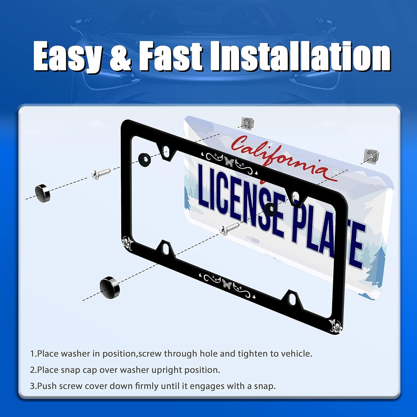 Butterfly Hibiscus License Plate Frame License Plate Stainless Steel Parts Colorful License Plate Funny Decorative with Screws Size 12.3" x 6.3" Men Women