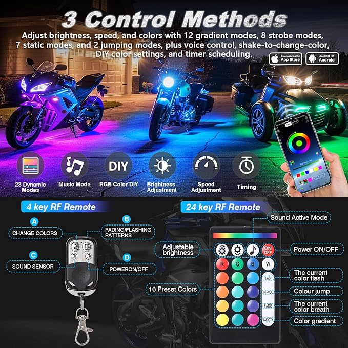 12PCS Motorcycle RGB LED Light Kit with Handlebar Switch Brake Turn Signal, Multicolor Underglow Lights with APP/RF Remote, Neon Strips 12V Waterproof for Sport Bike,Cruiser,Street&Off-Road Motorcycle