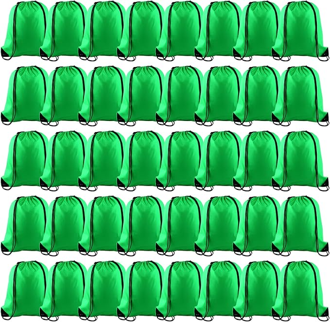 KUUQA 100Pcs Green Drawstring Backpacks - Bulk Gym Sport Travel Bags
