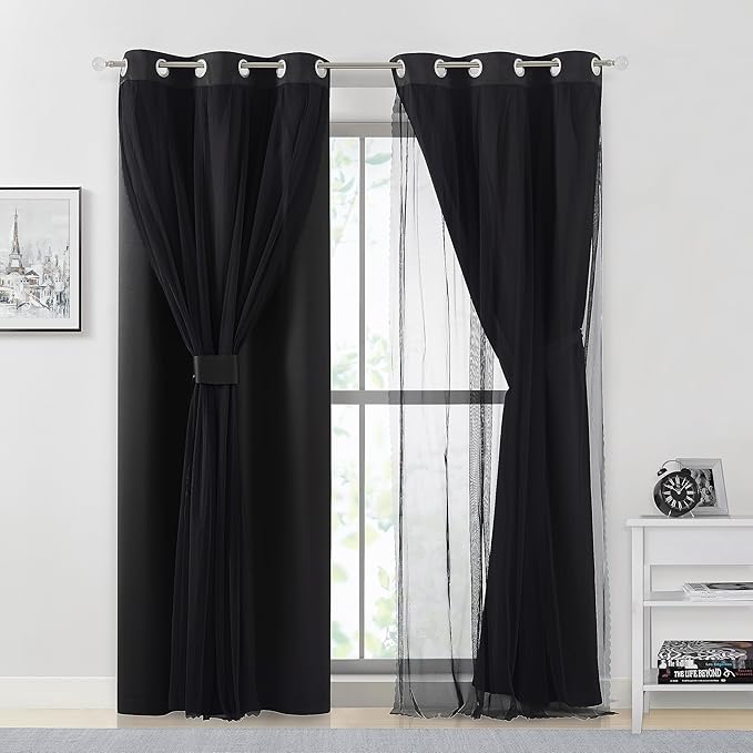 Bujasso Black Blackout Curtain Panels with Sheer Overlay Mix and Match Double Layer Thermal Insulated Window Treatment Set for Bedroom Living Room Black Drapes with Tiebacks Grommet Top 37" Wx63 Lx2