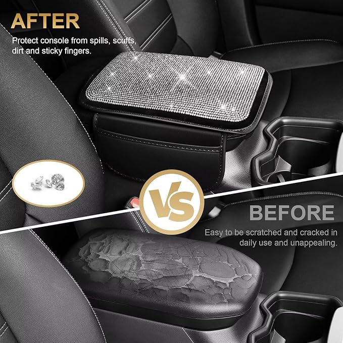 Bling Center Console Cover Fit for Toyota Highlander with 2 Storage Bags Fully Diamond-Studded Style Center Console Armrest Cover with Total Protection(Silver Diamond)