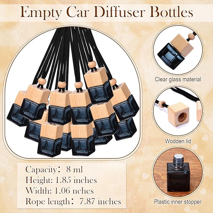 DaisyInner 200 Sets Car Diffuser Bottles Empty Bulk Hanging Car Air Freshener Diffuser Bottles Bulk Glass Perfume Holder with Instruction Cards for Essential Oil Fragrance Pendant(Square,Black)
