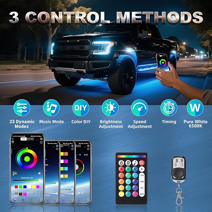 6 Pods Full Angle RGBW LED Rock Lights, 6500K Pure White and RGB Rock Light for UTV ATV Golf Cart RZR SXS Truck SUV Car Underbody, 12V Waterproof Neon Underglow Kit with APP/RF Control Sync Music