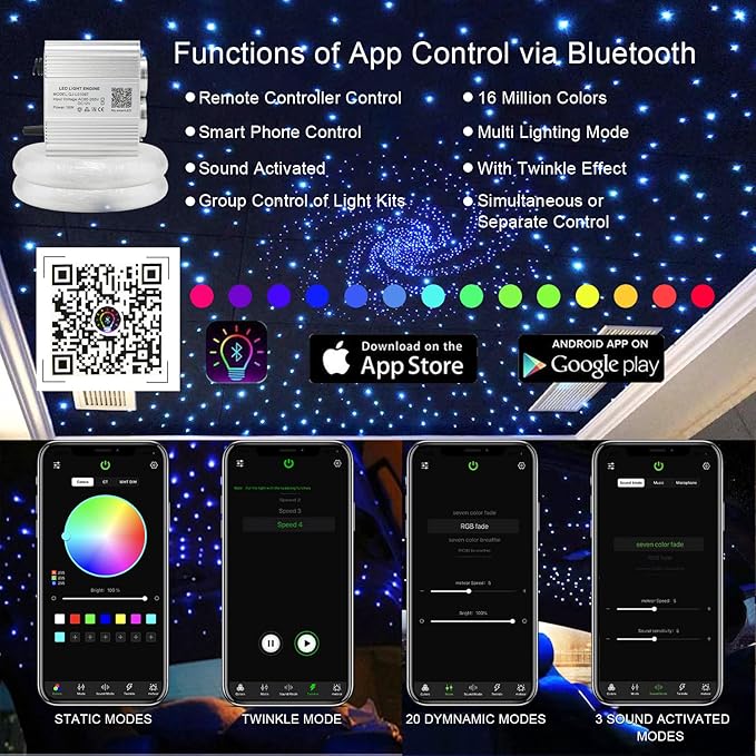 AKEPO Car Home Use APP Control Twinkle Fiber Optic Light Kit, 16W RGBW Dual Head Twinkle + Music Mode Star Ceiling Sky Light with 600 Strands 0.03in/0.75mm 9.8ft/3m Optical Fiber Cable