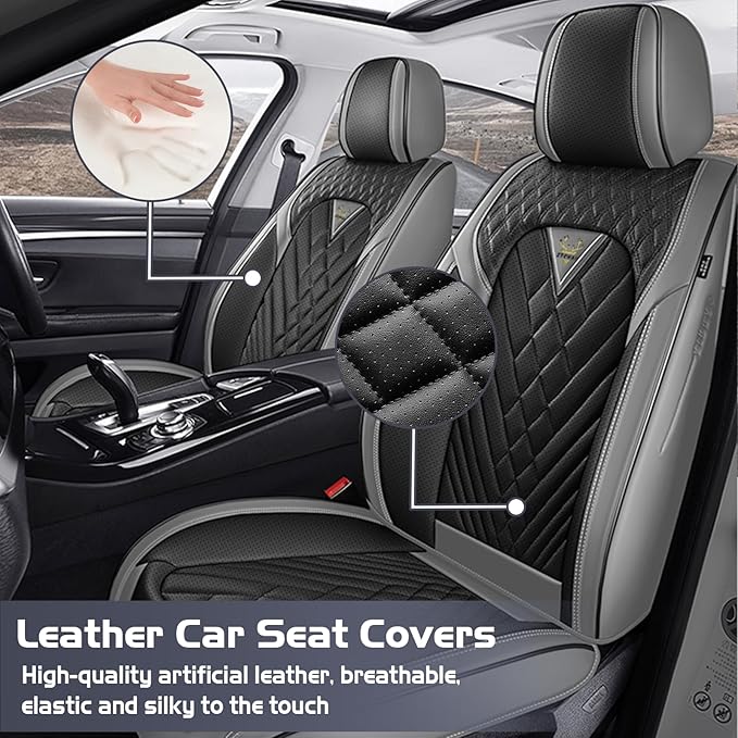 Truck Seat Covers for GMC Sierra 1500 2007-2026, Waterproof Premium Leather Full Coverage Car Seat Cover, Muscle Sport Style Auto Interior Seat Cover Sets (Front Set/Gray Black)