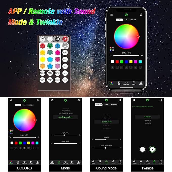 CHINLY 500pcs Starlight Headliner Kit,Twinkle Star Lights for Car Ceiling,APP Starlights Headliner Kit,Fiber Optic Star Ceiling Lights,RGBW+Music Mode Starlight Kit,(0.03in+0.04in+0.06in)*9.8ft