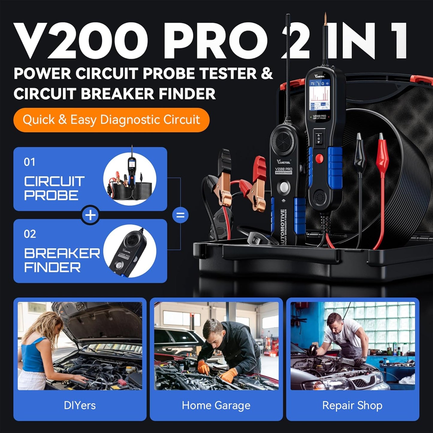 VDIAGTOOL V200 Pro Automotive Power Circuit Probe Tester Breaker Finder Tool, 12/24V Electrical Open Short Circuit Finder, Wire Tracer, AC/DC Trailer Relay Fuse Test for 99% Cars