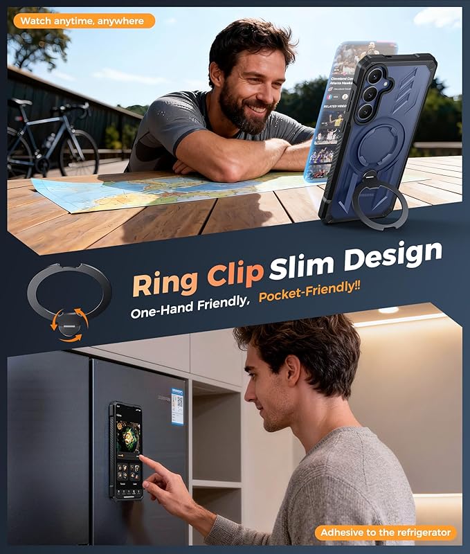 FNTCASE for Samsung Galaxy S25-FE Case: with [Magnetic Ring Kickstand] [Screen Protector] [Compatible with MagSafe] [Military-Grade Drop Protection] Heavy Duty Full Body Cover Translucent Black