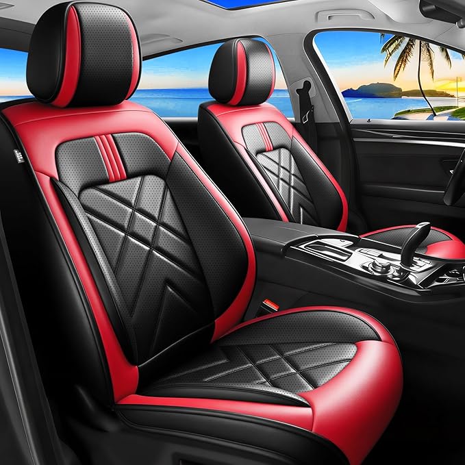 CX-50 Car Seat Covers Fit for Mazda CX-50 2023-2026, Full Coverage Premium Leather Waterproof Breathable Seat Covers, Automotive Seat Protectors, Airbag Compatible(2 Front Seats, Black & Red)