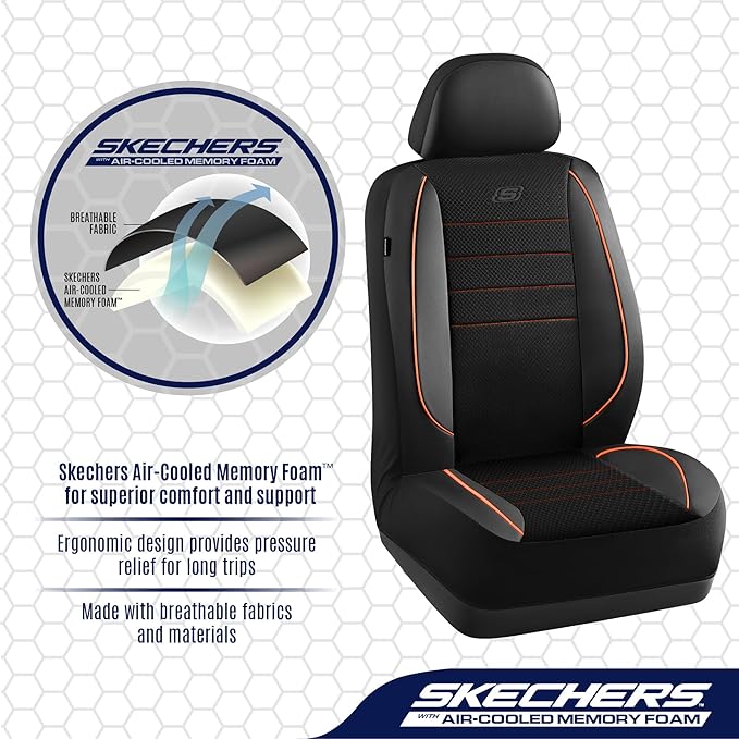Skechers Air-Cooled Memory Foam Seat Covers,Mesh Thick Car Seat Covers,Piping Leather Car Seat Cover,Airbag Compatible,Automotive Comfort for Most Cars, Vans, Trucks, SUV(Orange, Full Set)