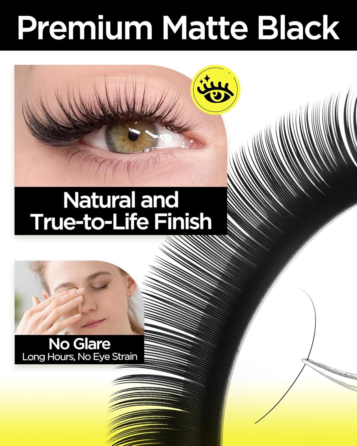 BEYELIAN Eyelash Extension 0.05 D+ Curl 14mm Tray Easy Fan Lash Extensions Volume Lashes 100°/212°F High Temperature Resistant Classic Professional Use Natural Matte Black (0.05 D+ 14mm)
