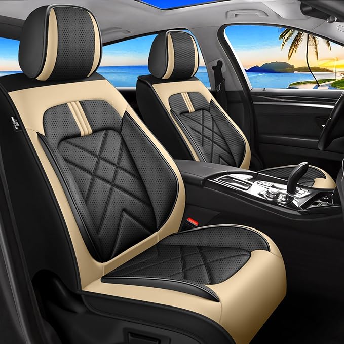 CX-7 Car Seat Covers Fit for Mazda CX-7 2007-2012, Full Coverage Premium Leather Waterproof Breathable Seat Covers Automotive Seat Protectors, Airbag Compatible(Full Set Seats, Black Beige)