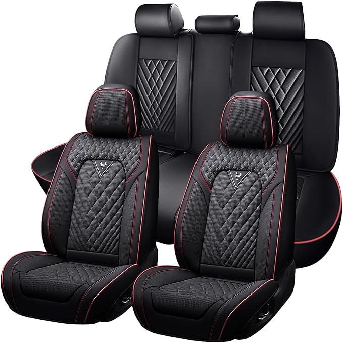 Truck Seat Covers for Ford F150 2009-2026, Waterproof Premium Leather Full Coverage Car Seat Covers, Muscle Sport Style Auto Interior Seat Cover Sets (Full Set/Black Red)