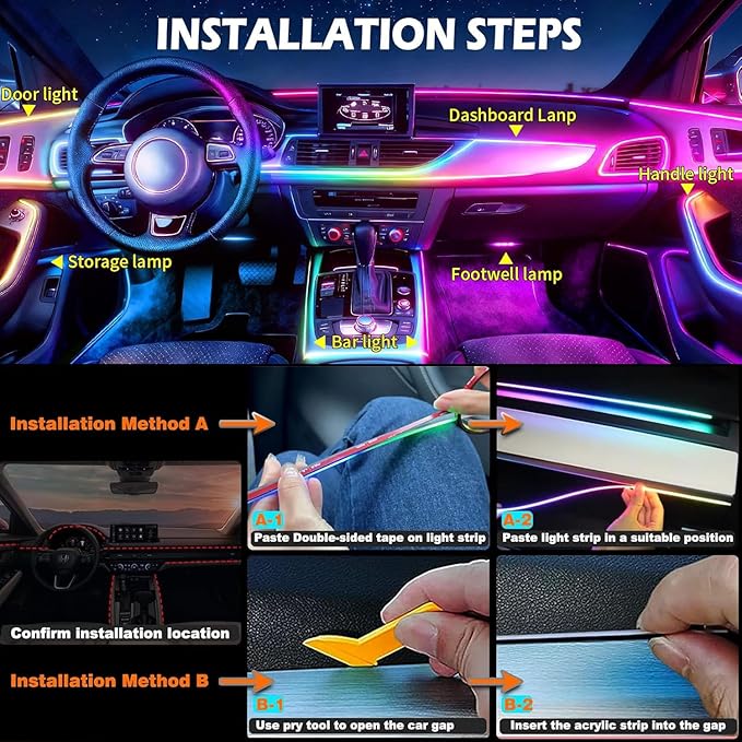 Ambient Lighting Car led Lights Interior,116in USB Dreamcolor 4 in 1 Acrylic Neon Flexible Strip Fiber Optic LED Ambient Lighting Kits with Remote APP, RGB Music Lights Sync for Inside car Decorations