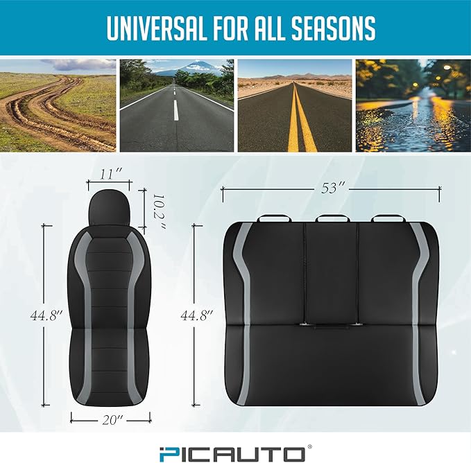 PIC AUTO Leather Car Seat Covers, Premium Automotive Waterproof Front & Rear Full Set Bucket Car Seat Protectors, Black and Gray PVC Patchwork, Fits for Cars, Trucks, Van, SUV, Airbag Compatible