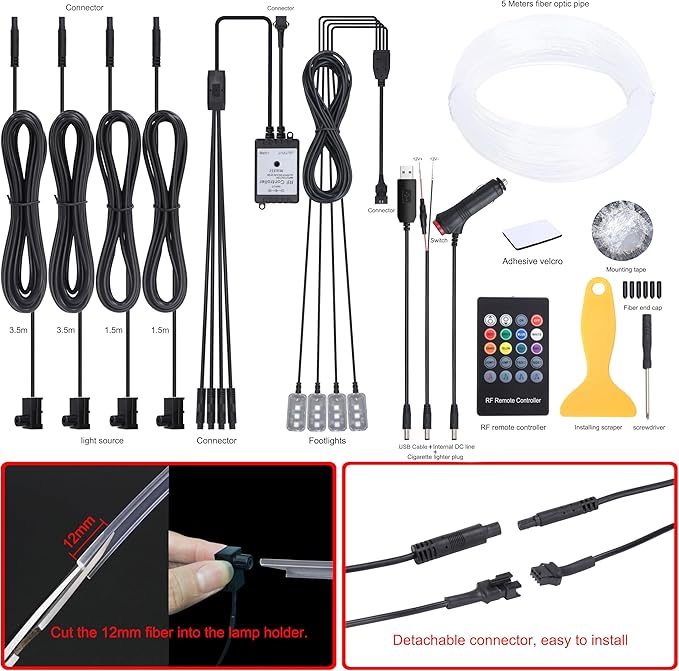 5 m Optic Fiber Car Ambient Lighting Kit RF Remote Control 64 Colors Multicoloured Music Interior Footwell Lighting Kit 12V 1W