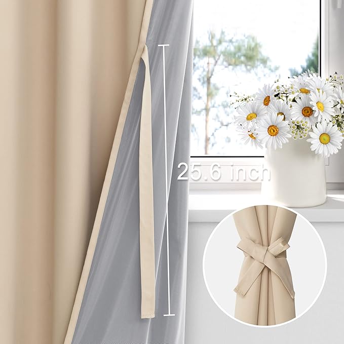 XWZO 100% Blackout Window Curtains with Tiebacks- Privacy Protection & Noise Blocking Window Draperies Grommet Top with Black Liner for Bedroom/Living Room, Biscotti Beige, W38 x L72, Set of 2 Panels