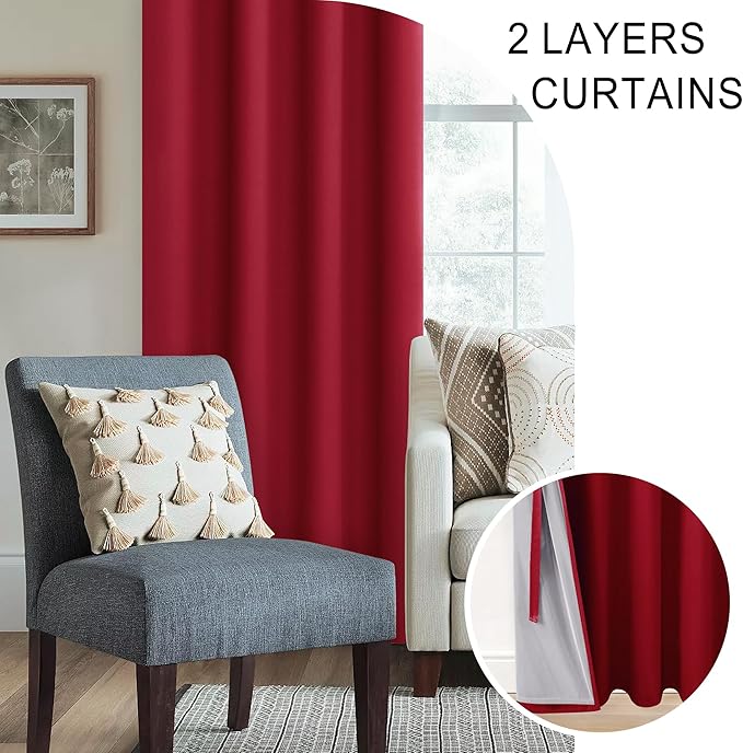 XWZO 100% Blackout Curtains 72 Inches Long - Double Layer Full Room Darkening & Energy Efficiency Grommet Window Panels with Tiebacks, Christmas Red, W38 x L72, Set of 2