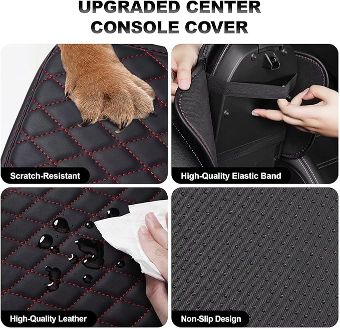 Upgraded Car Center Console Cover Fit for Highlander Faux Leather Car Armrest Cover Cushion with 2 Storage Bags,Car Armrest Storage Box Interior Accessories(Black&Redline)