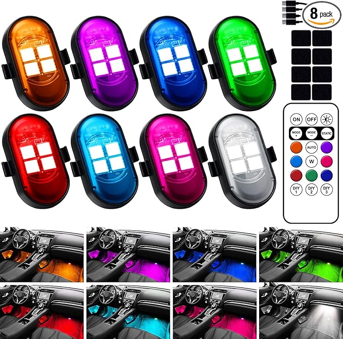 Upgraded Wireless LED Lights for Car, Rechargeable Interior Car Lights with 8 Colors Brightness Adjustable, 12H Battery Life, Remote Control, Mini Strobe Lights for Vehicle Motorcycle Bike Decor