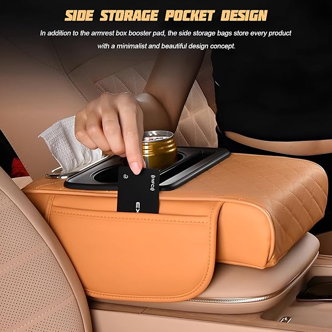 Zpana Car Center Console Armrest Pillow, Memory Foam Leather 4 in 1 Vehicle Arm Rest Cover with Tissue Box 2 Side Storage Bag Cup & Phone Holder, Auto Armrest Cushion, Universal Fit (Beige)