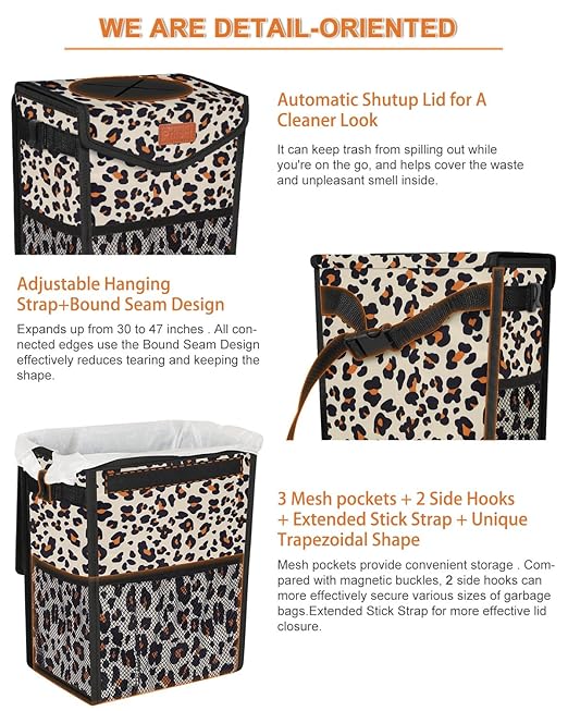 Pritent Car Trash Can with Lid, Cute Leakproof Car Trash Garbage Bag Hanging Vehicle Trash Bin Small Portable Automotive Garbage Cans Organizer for Back/Front Seat(Trapezoid,Leopard