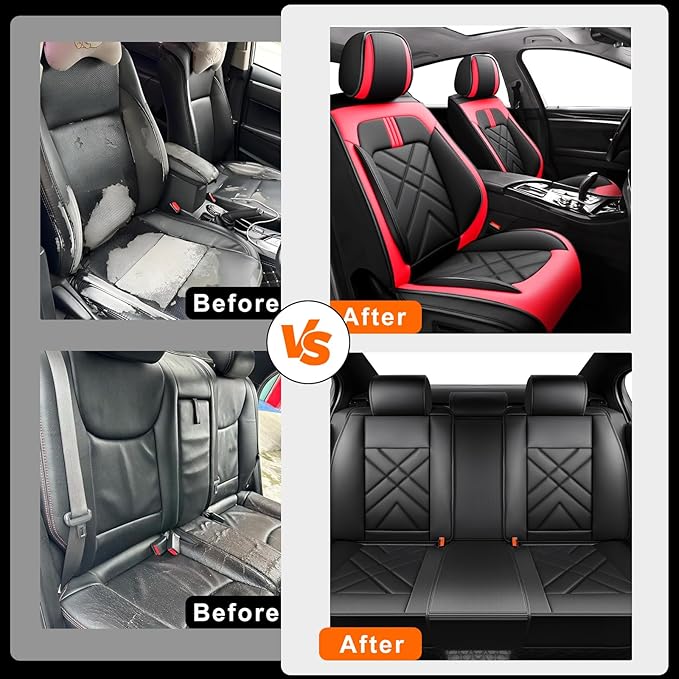 CX-50 Car Seat Covers Fit for Mazda CX-50 2023-2026, Full Coverage Premium Leather Waterproof Breathable Seat Covers, Automotive Seat Protectors, Airbag Compatible(Full Set Seats, Black & Red)