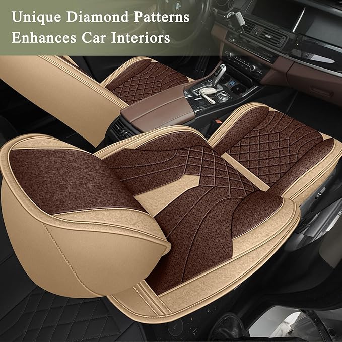 Breathable Car Seat Covers for Nissan Sentra 2009-2025 2026, Perforated Leather Full Set (Beige&Brown)