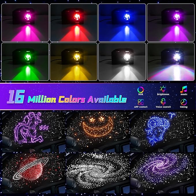 Car Starlight Headliner Kit, Twinkle & Sound Activated RGBW 16W 1000pcs*0.02in*9.8ft Fiber Optic Starlight Kit with APP& Remote Controlled, Star Lights for Ceiling Car Roof/Home Decor