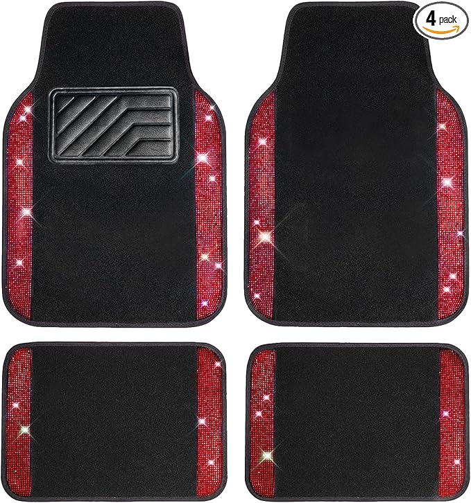 CAR PASS Bling Diamond Car Floor Mats, Shining Rhinestone Carpet Sparkly Glitter Crystal with Anti-Slip PVC Heel Pad Waterproof Universal Fit Automotive SUV,Sedan,Van,Cute Girl Women,4pcs Black Red