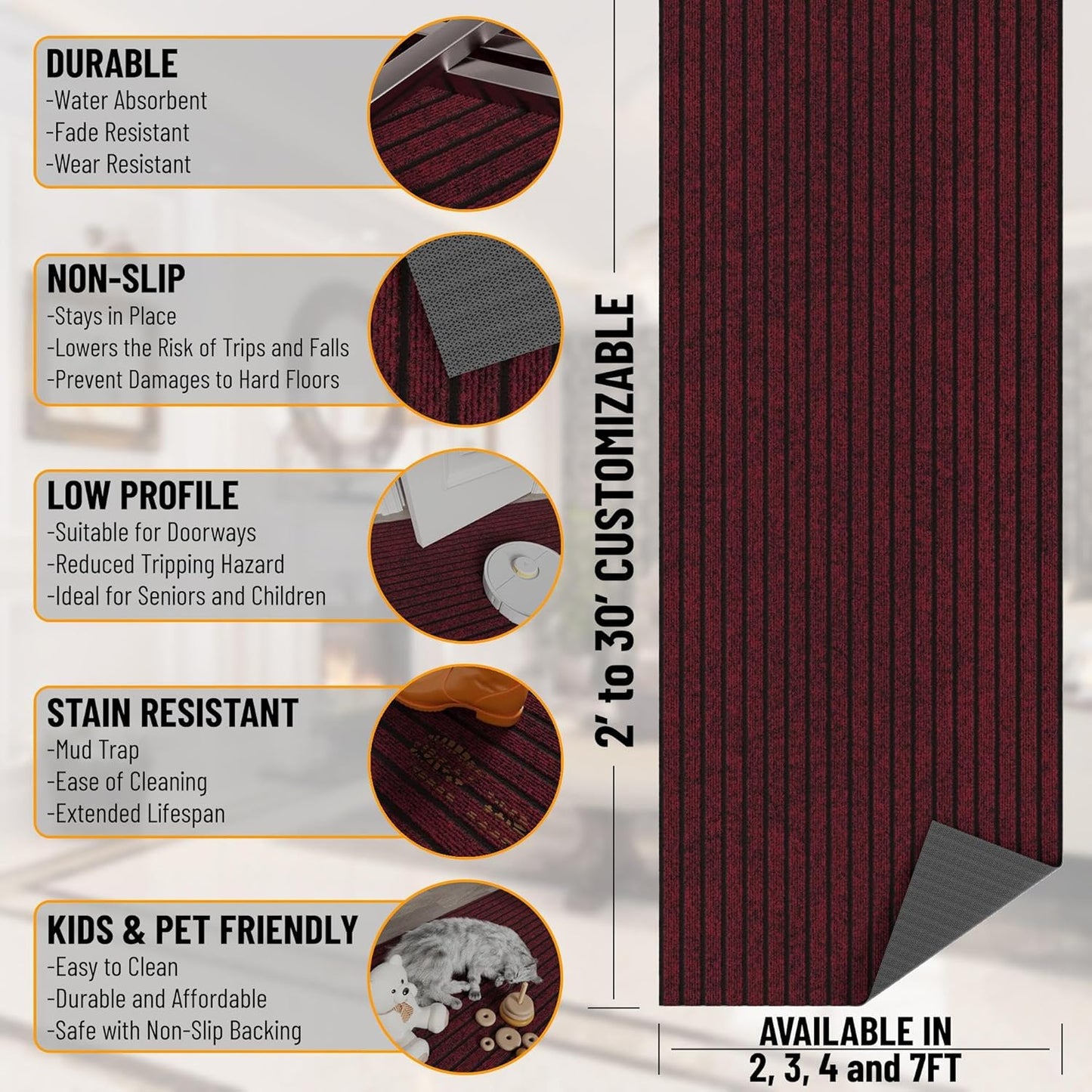 Ottomanson 2'7" x 10' Hallway Runner with Scraper Pile Extra Durable Non-Slip Rug Mat for Indoor & Outdoor Use - Ideal for Kitchen, Entryway, Patio & Garage - High-Traffic Carpet, Red